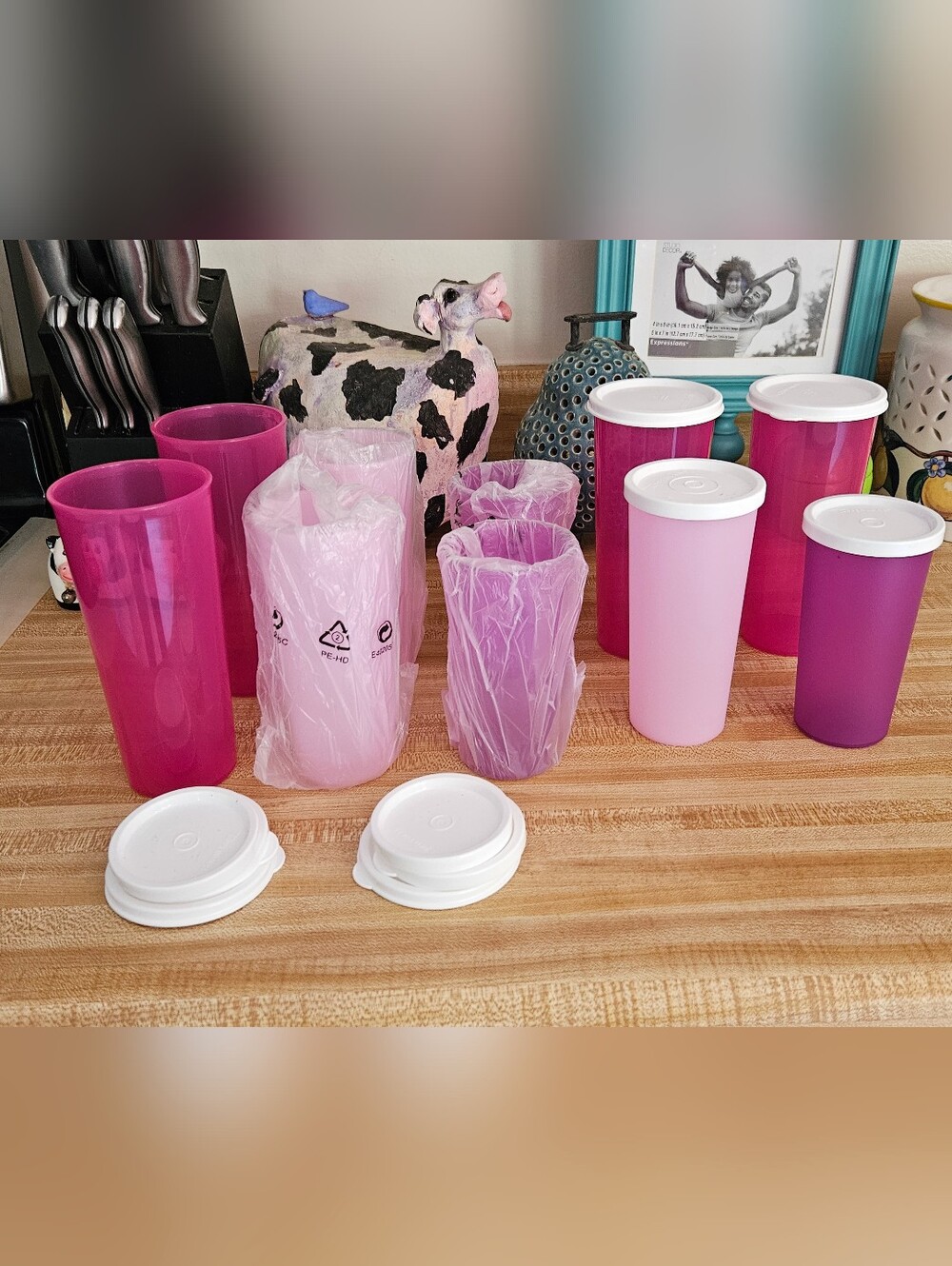 Tupperware Pink Purple Magenta Reusable Tumblers with White Lids 20 Piece Set